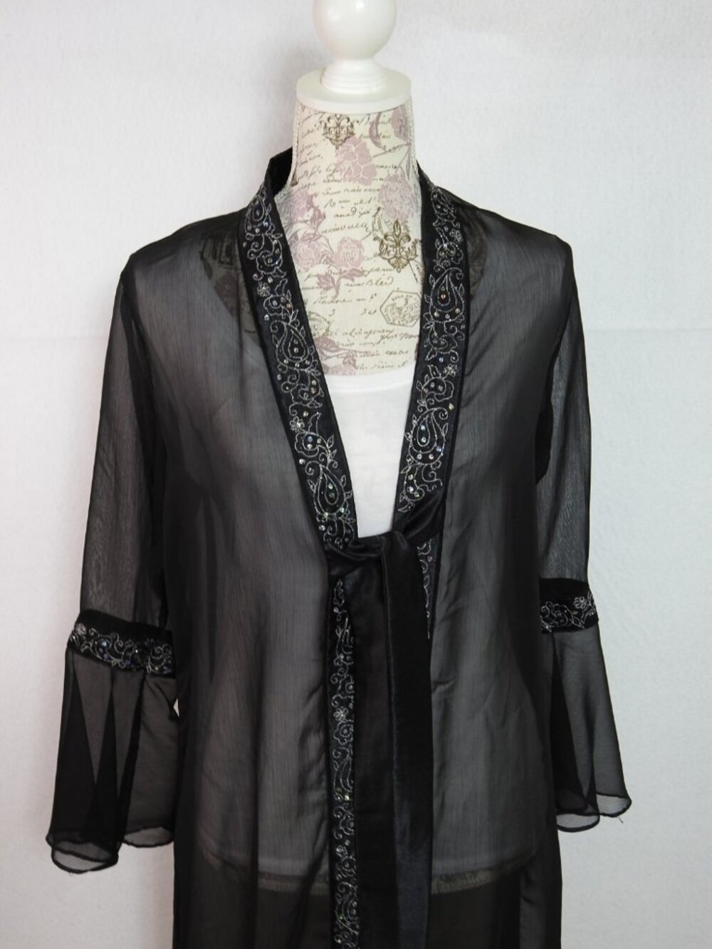 Vintage Robe Black Yasmin Sheer Kimono Duster Sz XL Trim Tie Front Boho Sexy - Picture 9 of 12